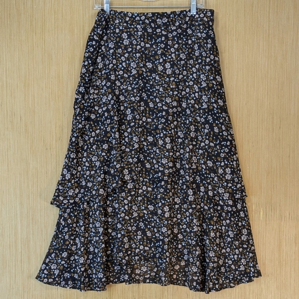 Loft Boho Cottage Fall Floral Tiered Midi Skirt Size L Black Brown Neutral NWT